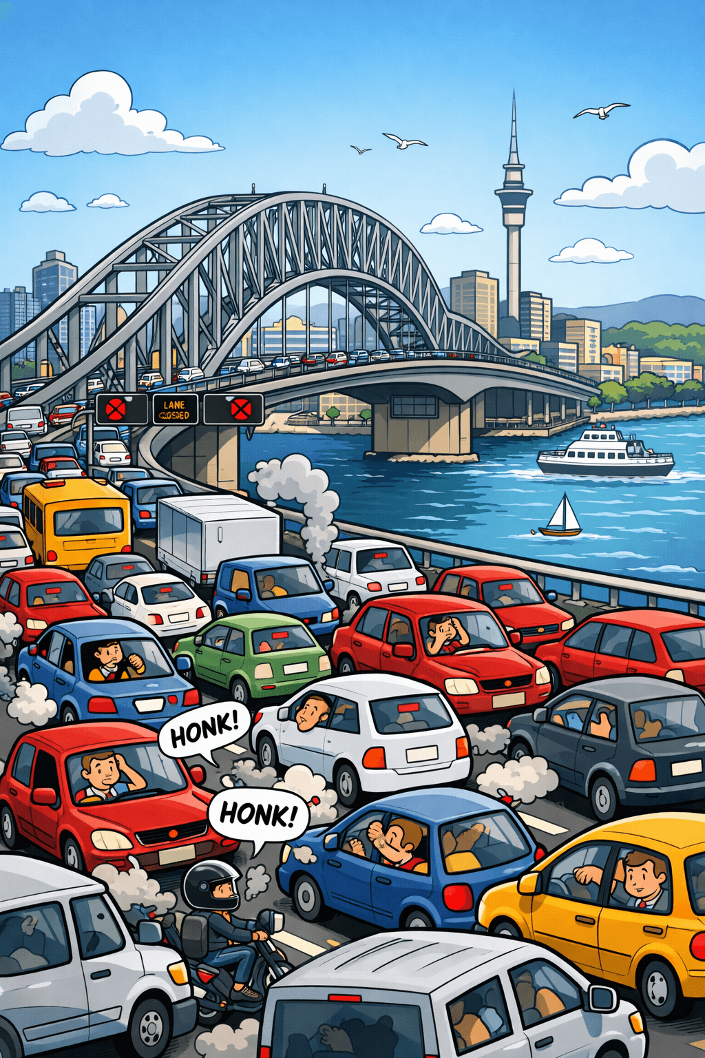 Cartoon illustration of Auckland’s Harbour Bridge packed with bumper‑to‑bumper traffic. Colourful cars, buses, and trucks fill every lane while frustrated drivers honk and fume. The Sky Tower and city skyline rise in the background above calm blue harbour water with a small sailboat below. The scene captures the chaos and congestion Aucklanders face daily.
