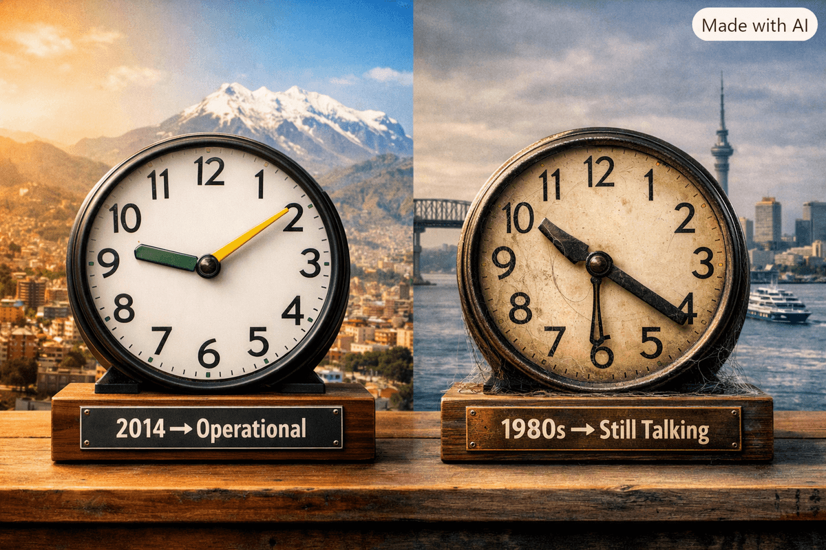 Two clocks sit side by side on a wooden surface. The left clock, labeled “La Paz,” looks modern and well‑kept, with a plaque reading “2014 → Operational.” Behind it is a bright view of La Paz with the Andes mountains. The right clock, labeled “Auckland,” appears old and worn, with a plaque reading “1980s → Still Talking.” Its second hand hangs limp with cobwebs. Behind it is an overcast view of Auckland’s Waitematā Harbour, the Harbour Bridge, and the Sky Tower.