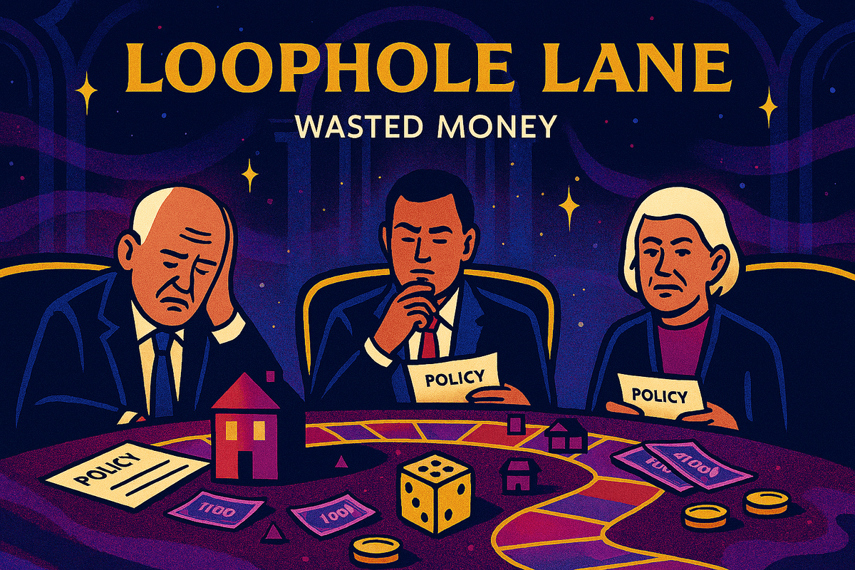 Three politicians sit around a cosmic board game table, each holding “POLICY” papers. Dice, houses, and play money scatter across the table. Caption reads: “Loophole Lane: Wasted Money.”