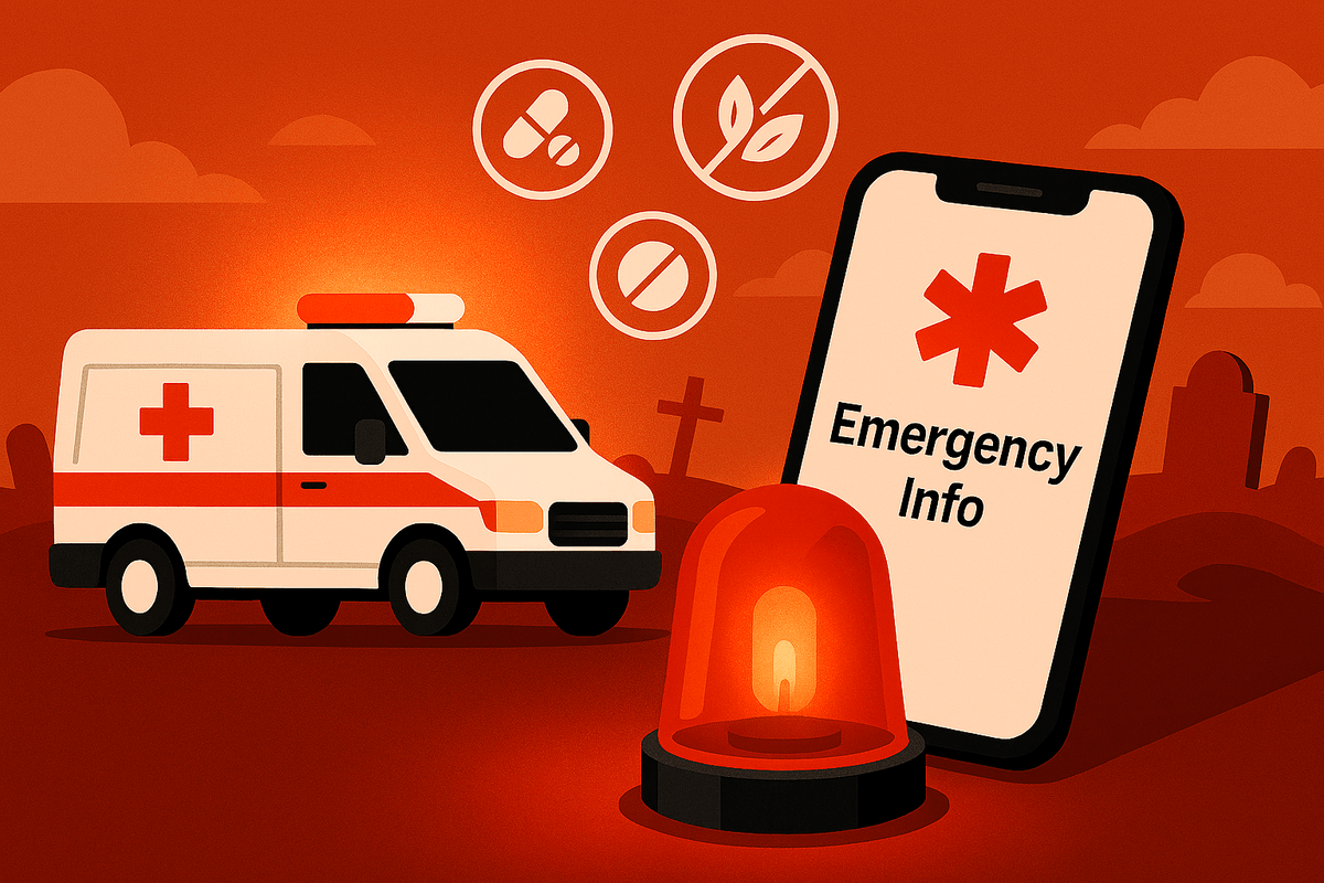 Illustration of a white ambulance with red accents parked beside a glowing red emergency siren and a smartphone displaying “Emergency Info” with a red asterisk. Floating icons represent medicines, allergies, and medical alerts. In the background, a stylized graveyard with headstones and crosses appears under an orange sky. The image conveys urgency and the importance of accurate emergency information.