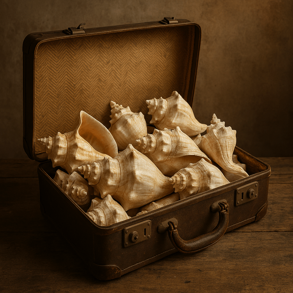 A vintage brown suitcase sits open on a weathered wooden surface, filled with large conch shells. The shells are creamy white with soft pink and orange tones, their spiral shapes and flared openings arranged like a natural collection. The suitcase’s interior is lined with faded golden-brown fabric, slightly frayed at the edges. Tarnished metal clasps and a worn leather handle hint at age and travel. The scene is warmly lit, evoking nostalgia and quiet reverence—like someone brought the sea home in a suitcase.