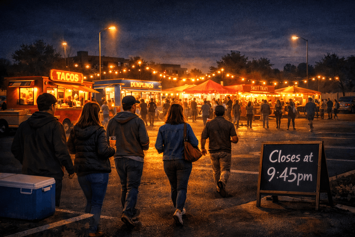 Crowds walking toward a glowing night market in a suburban New Zealand car park, filled with colorful food trucks and string lights. A chalkboard sign in the foreground reads ‘Closes at 9:45 pm.’ The taco, dumpling, and dessert trucks shine brightly as people hurry to order before closing, with smoke and lanterns creating a warm, lively atmosphere under the dark night sky