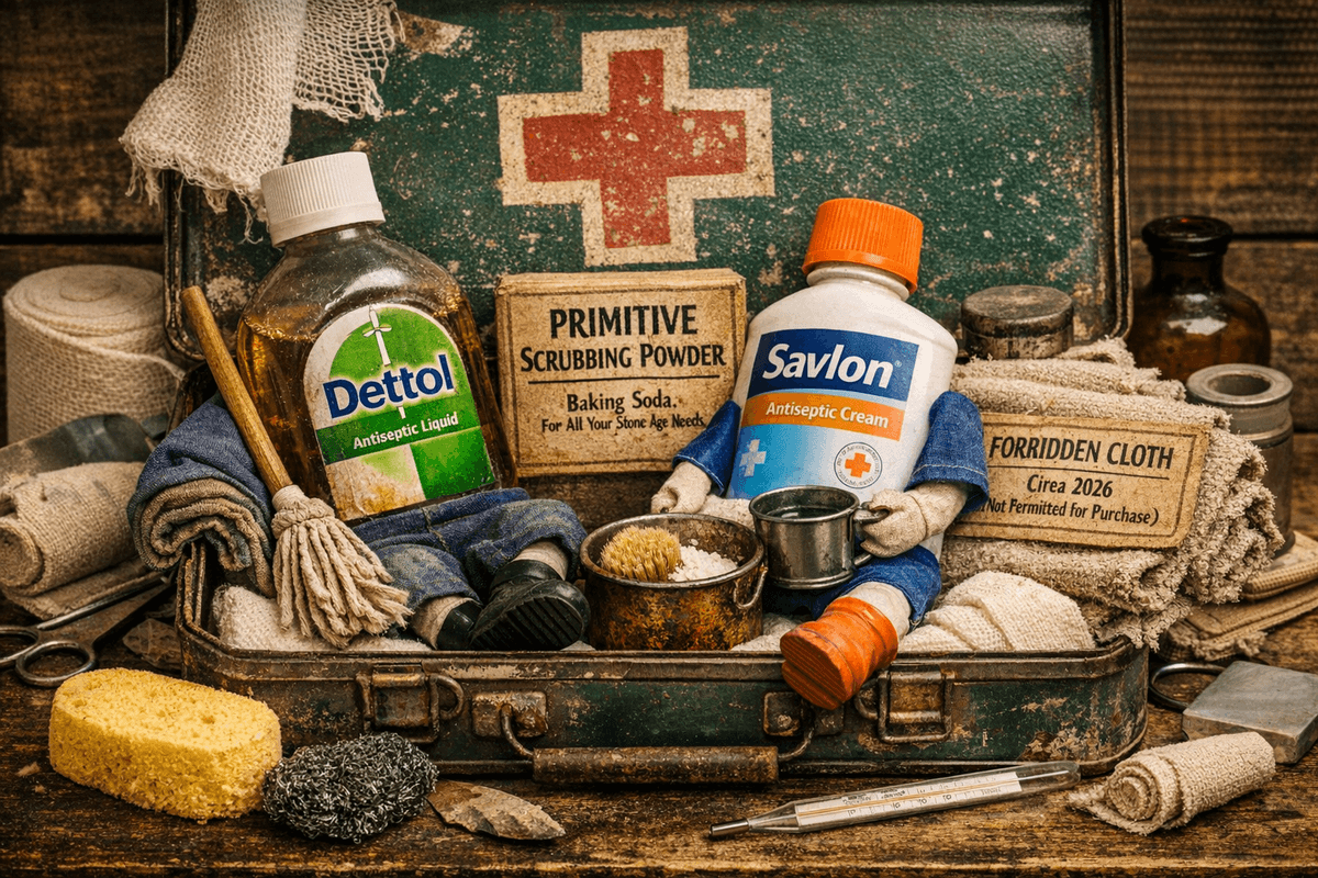A satirical image shows Dettol and Savlon bottles seated inside a vintage metal first aid kit like weary workers on break. The Dettol bottle leans on a mop and wears crumpled work gloves, while the Savlon bottle holds a small metal bucket and tin mug. They sit on gauze bandages surrounded by medical supplies, with a red cross symbol on the kit lid. A sponge and steel wool scrubber lie outside the kit, suggesting they’ve been drafted into emergency cleaning duty. The scene is warmly lit, evoking a quiet moment between shifts.
