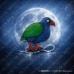 Image of a takahe on a blue moon background with a silver infinity thread at its  and Movitx watermark