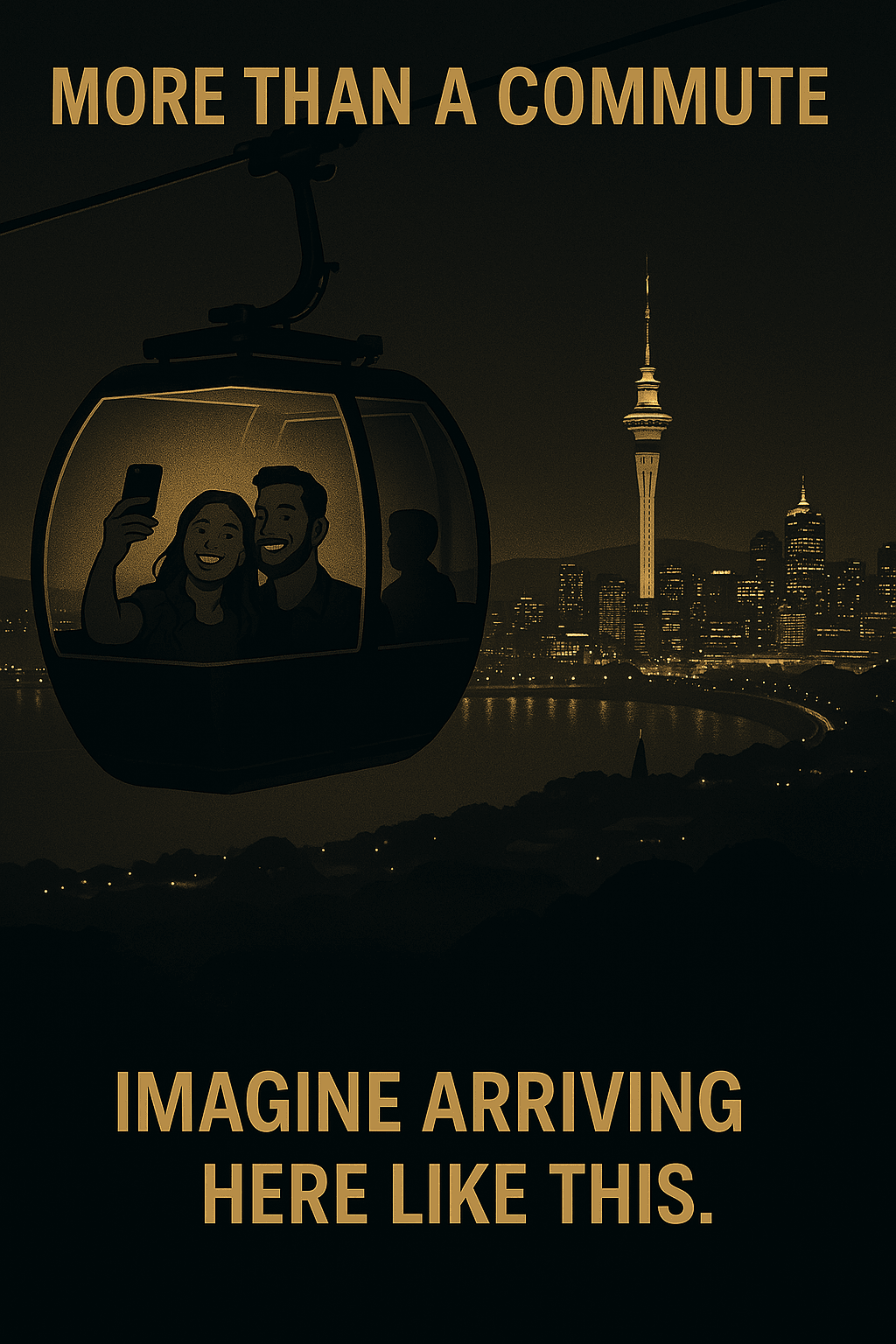 Black and Gold Image of cable car with a couple taking selfies of the city in the background Heading says more than just a commute, imagine arriving here like this