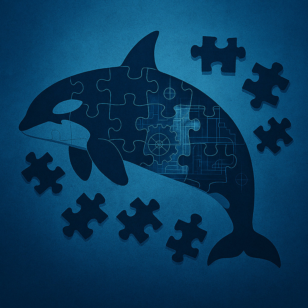 Stylized dolphin silhouette composed of interlocking puzzle pieces, with several pieces missing or scattered. Some internal pieces reveal blueprint-style diagrams of gears and structural lines. Set against a gradient blue background, symbolizing illusion, structure, and systemic complexity.