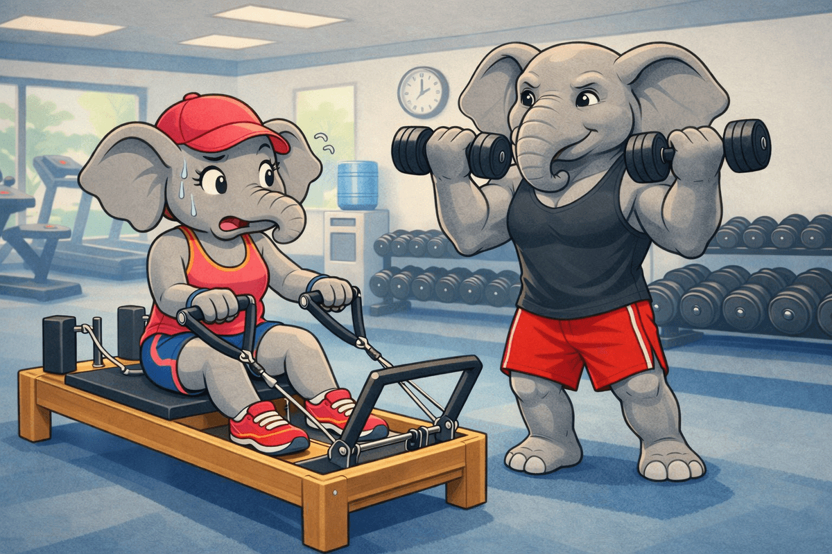 A cartoon-style illustration of two elephants exercising in a bright gym. On the left, a female elephant in a pink tank top and blue shorts struggles to use a Pilates reformer, looking confused and sweaty. On the right, a strong, composed male elephant lifts dumbbells confidently, wearing a black tank top and red shorts. The background shows treadmills, weights, and a clock reading 10:10, capturing the contrast between effort and ease.