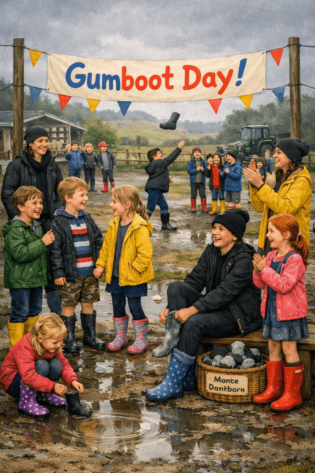 A semi‑realistic cartoon illustration of a rural school celebrating Gumboot Day. Children and teachers wear brightly coloured gumboots while standing on a muddy field dotted with puddles. A large “Gumboot Day!” banner hangs between two posts, decorated with bunting. In the background, kids cheer as one child throws a gumboot in a gumboot‑throwing competition. A wooden fence, a tractor, and grazing sheep sit beyond the playground under an overcast sky.
