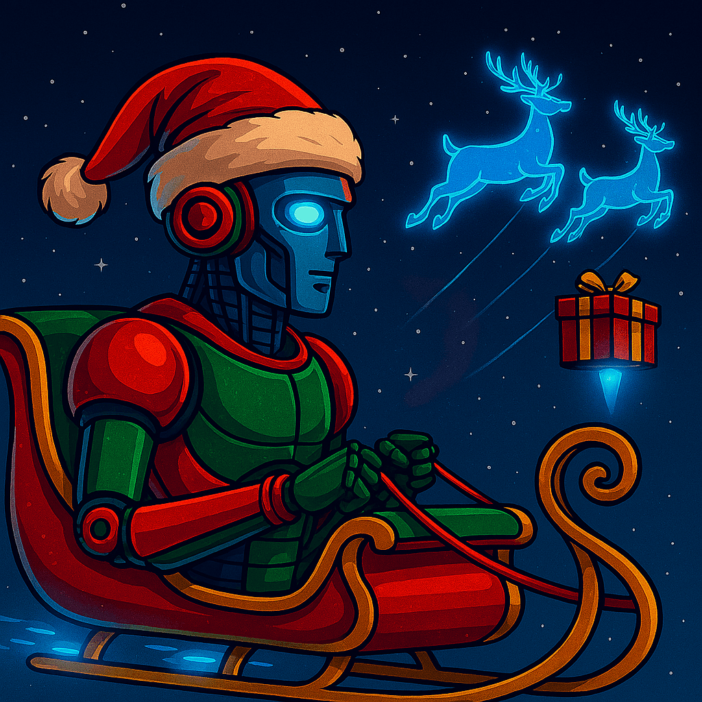 A robotic Santa in a red and green sleigh is pulled by glowing blue holographic reindeer. The reindeer are made of shimmering light and digital particles, galloping through a cosmic night sky. The robot wears a Santa hat and holds glowing reins, merging tradition with tech.
