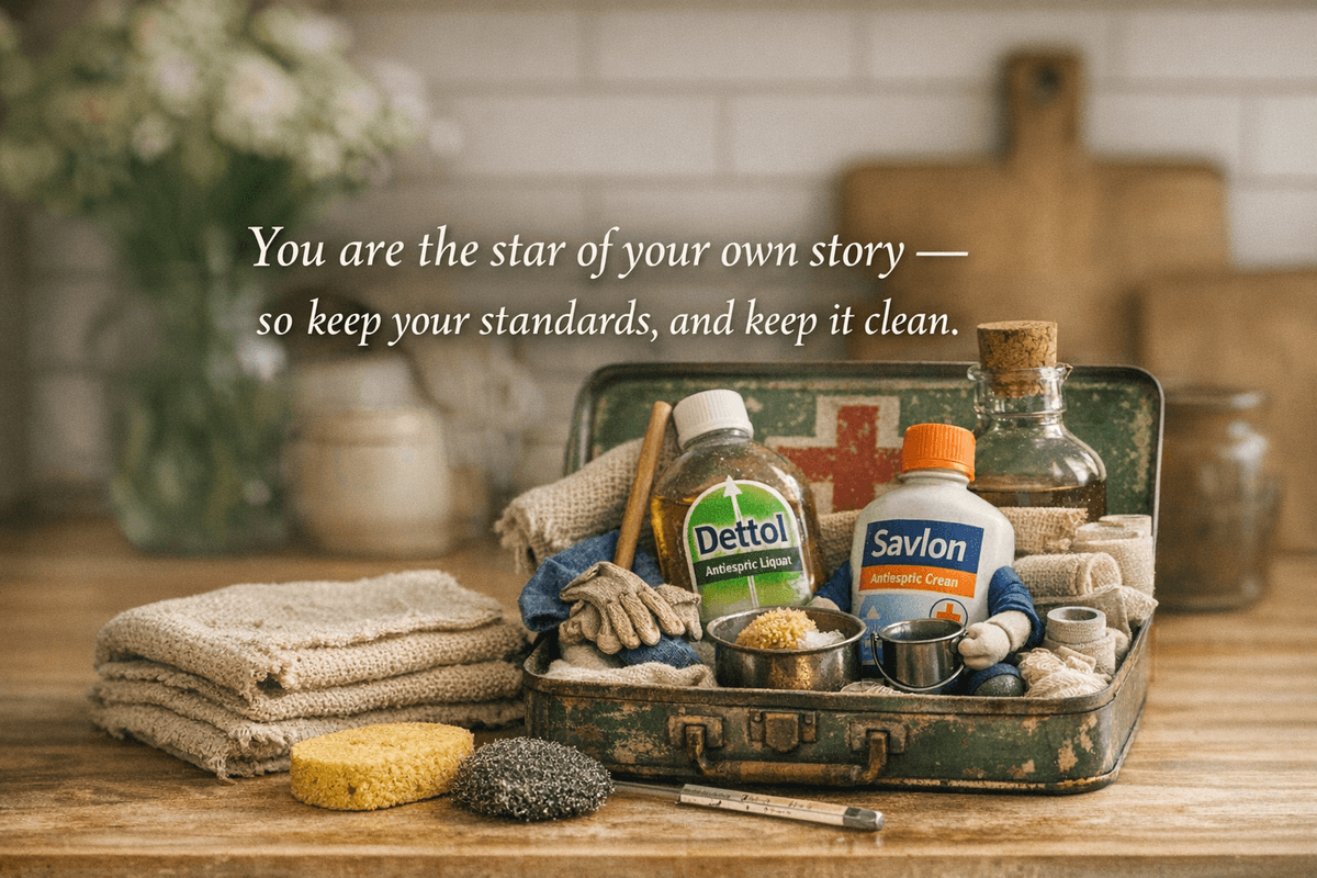 A softly lit kitchen countertop features a folded stack of frayed cleaning cloths beside a clear glass vinegar bottle with a vintage-style label. In the background, a vase of white flowers and a wooden cutting board sit against a tiled backsplash. Overlaid in elegant white serif font is the quote: “You are the star of your own story — so keep your standards, and keep it clean.” The scene is warm, tidy, and quietly defiant.