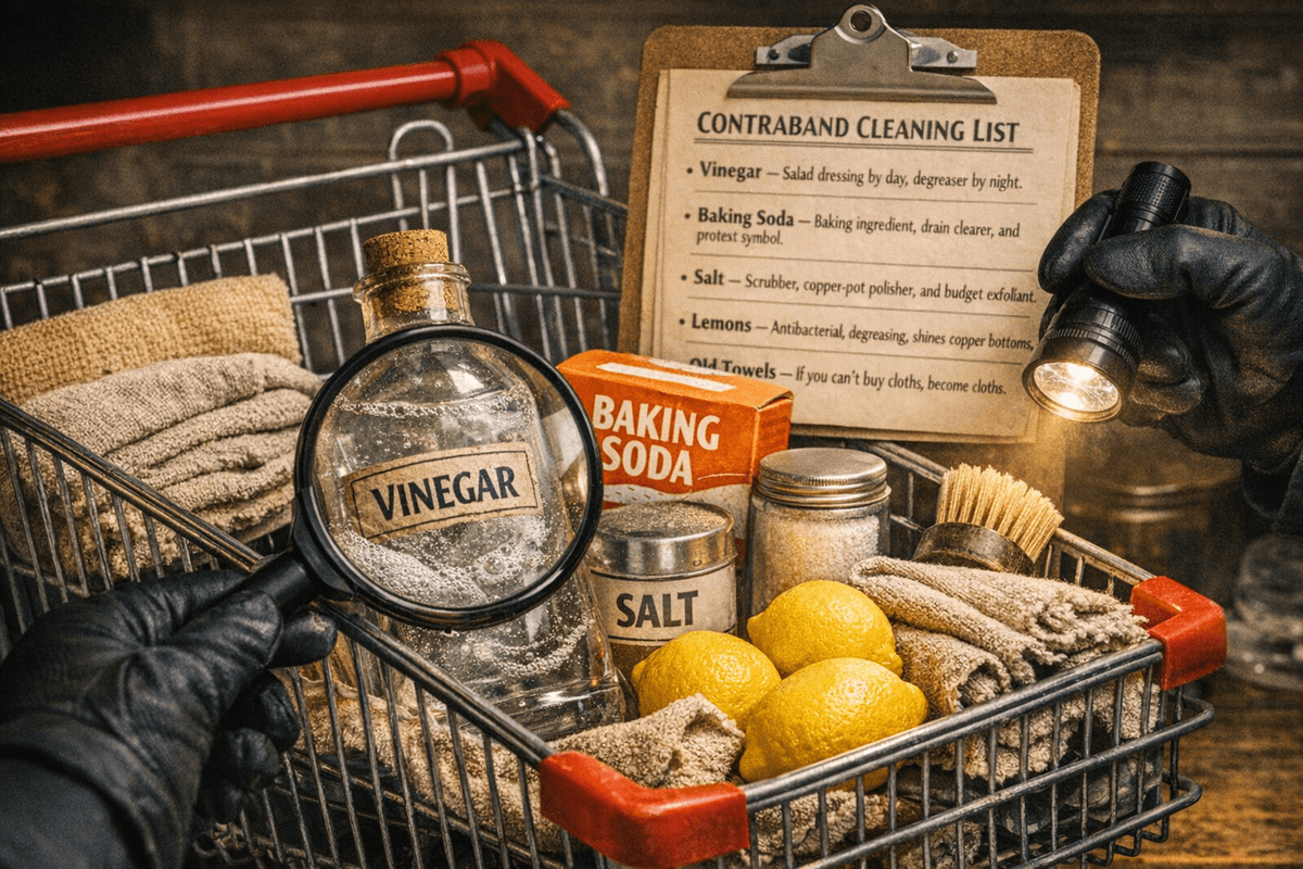 A satirical image shows a shopping trolley under inspection, filled with vinegar, baking soda, salt, lemons, and frayed towels. A magnifying glass focuses on the vinegar bottle, while a clipboard in the background lists each item as part of the “Contraband Cleaning List.” The scene mimics a customs inspection, highlighting the absurdity of treating basic cleaning foods as suspicious. The lighting is dramatic, and the tone is quietly rebellious.