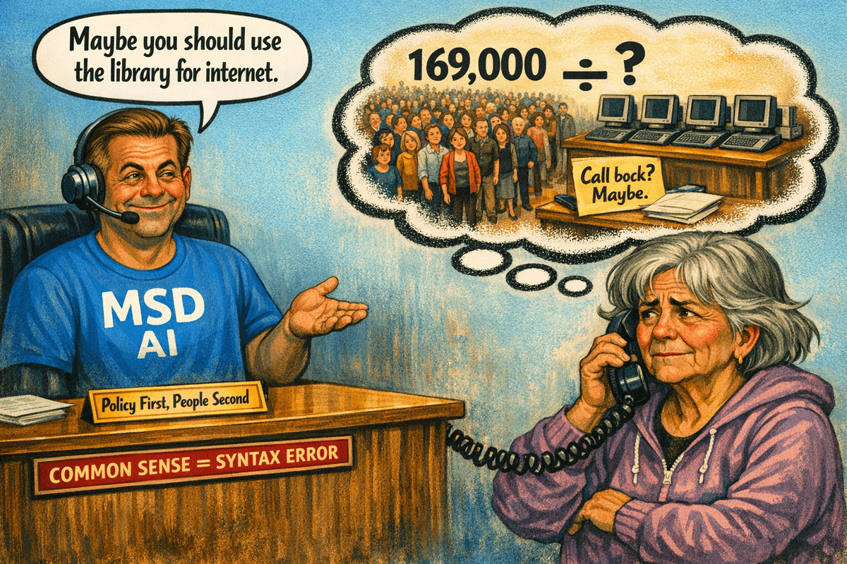 MSD worker says, “Maybe you should use the library for internet.” The older woman stares at him in disbelief. Her thought bubble shows “169,000 ÷ ?” above a crowd of people and a row of six library computers. Caption reads “Queue logic: MSD edition.”