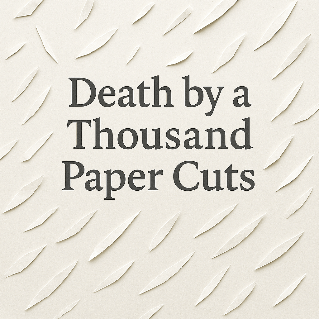 papercut outs on a beige background text reads death by a thousand paper cuts