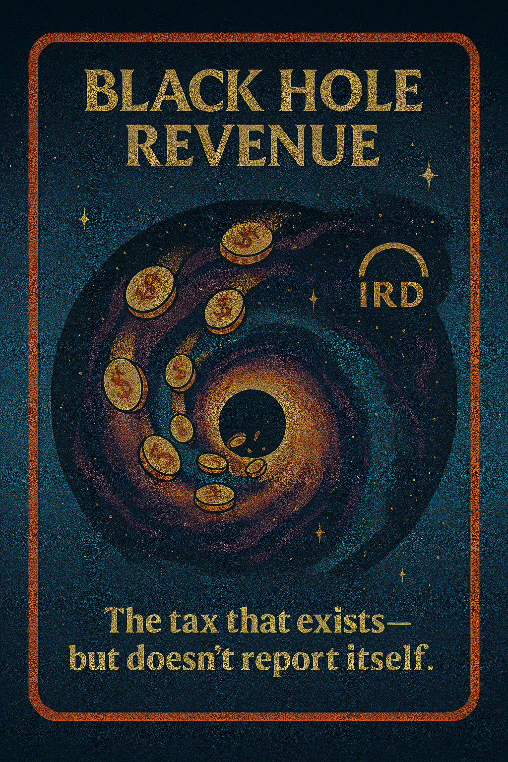 A black hole swirls at the center, pulling in coins and tax papers labeled “IRD.” Caption reads: “The tax that exists—but doesn’t report itself.”