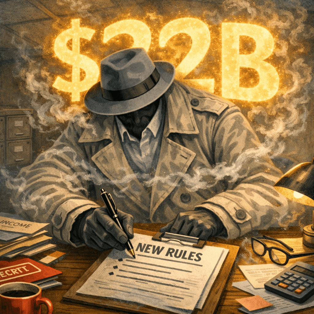 An invisible man in a beige trench coat and gray fedora sits at a cluttered desk, writing on a clipboard labeled NEW RULES. Behind him, the glowing golden numbers $32B illuminate the room. Papers marked Assets, Income, and Top Secret scatter across the desk beside a coffee mug and calculator. Smoke drifts from the figure as he rewrites policy under the light of unaccountable billions.