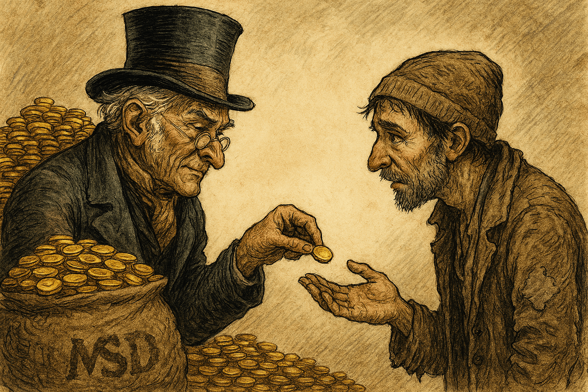 Sepia style image MSD cast as a miserly Scrooge, hoarding piles of gold coins behind him. He clutches a sack of wealth while handing out a single coin. In front, the poor figure holds his hand out for help.