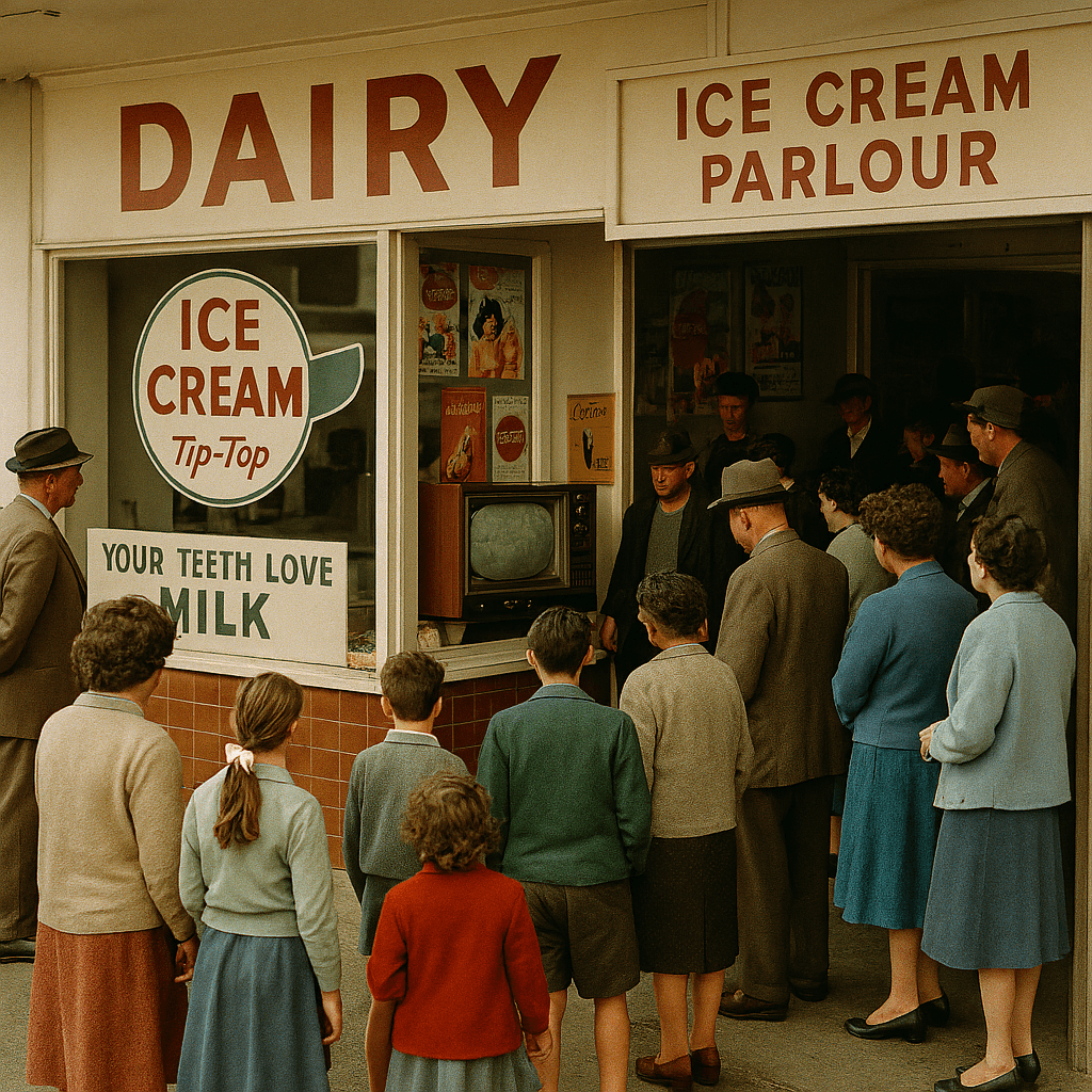 A 1960s New Zealand dairy with a bold red “DAIRY” sign and adjacent ice cream parlour draws a crowd outside. The shopfront features Tip-Top signage, Coca-Cola posters, and a vintage TV in the window showing a black-and-white broadcast. Men in suits and hats, women in cardigans, and children in sweaters and ribbons gather to watch. A banner reads “YOUR TEETH LOVE MILK.” The scene captures community, curiosity, and the quiet magic of public viewing in a pre-digital era.