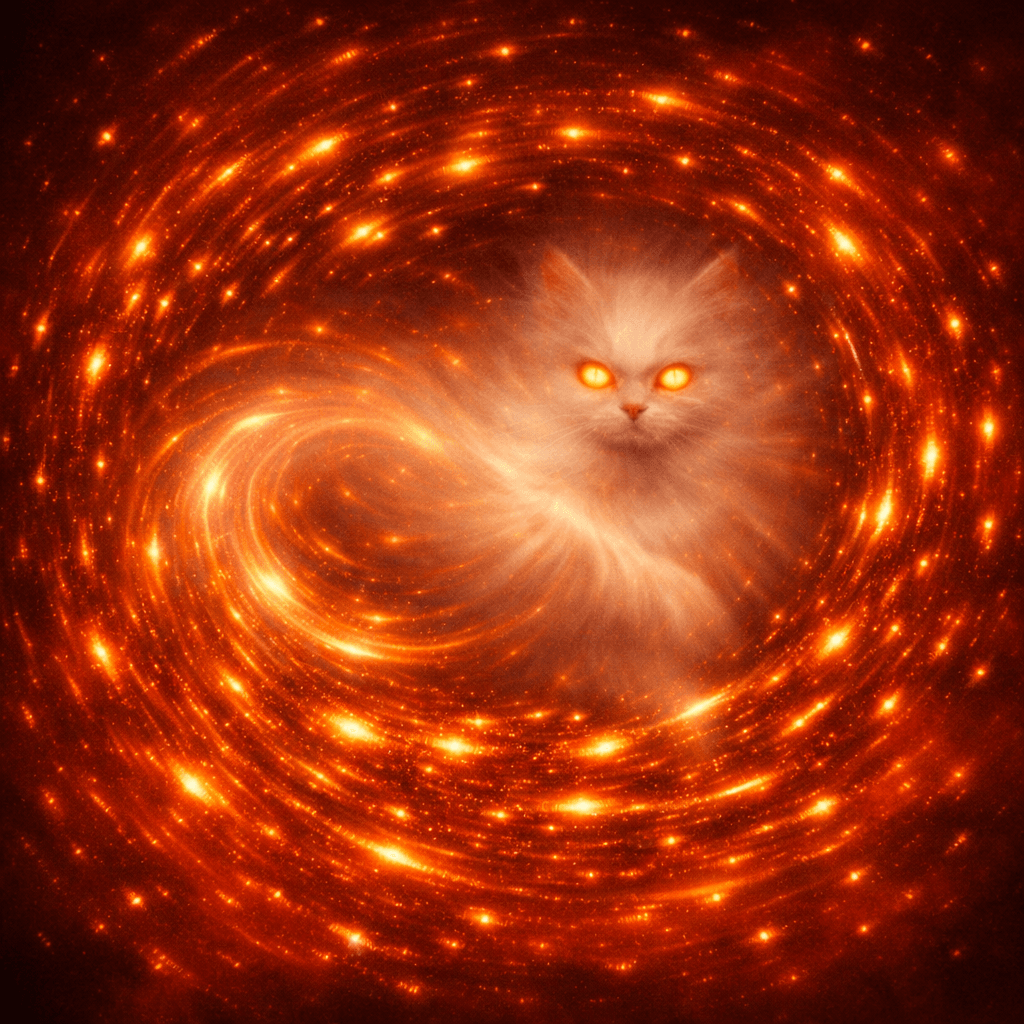 A white Persian cat chasing its tail at the center of a swirling wine‑red vortex, surrounded by dense, glowing sparks that reach to the edges. Between them, countless micro‑embers drift — tiny, warm flecks of light that pulse erratically, adding texture and depth. The cat’s blurred fur merges with the smoky atmosphere, its faint amber eyes glowing through the haze as if breathing life into the embers. The entire space feels alive, layered, and radiant — a storm of light and motion. A white Persian cat chasing its tail at the center of a swirling wine‑red vortex, surrounded by dense, glowing sparks that reach to the edges. Between them, countless micro‑embers drift — tiny, warm flecks of light that pulse erratically, adding texture and depth. The cat’s blurred fur merges with the smoky atmosphere, its faint amber eyes glowing through the haze as if breathing life into the embers. The entire space feels alive, layered, and radiant — a storm of light and motion.