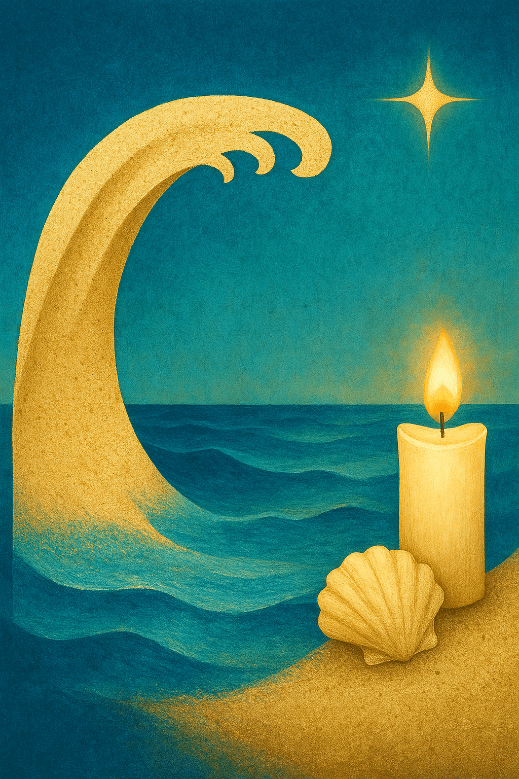 A stylized night‑time beach scene shows a large golden wave shaped like flowing sand rising on the left. On the right, a single lit candle stands on the shore beside a golden seashell, its flame casting a warm glow. A bright star shines above the calm blue ocean. The arrangement resembles a quiet memorial set at the water’s edge. A stylized night‑time beach scene shows a large golden wave shaped like flowing sand rising on the left. On the right, a single lit candle stands on the shore beside a golden seashell, its flame casting a warm glow. A bright star shines above the calm blue ocean. The arrangement resembles a quiet memorial set at the water’s edge.