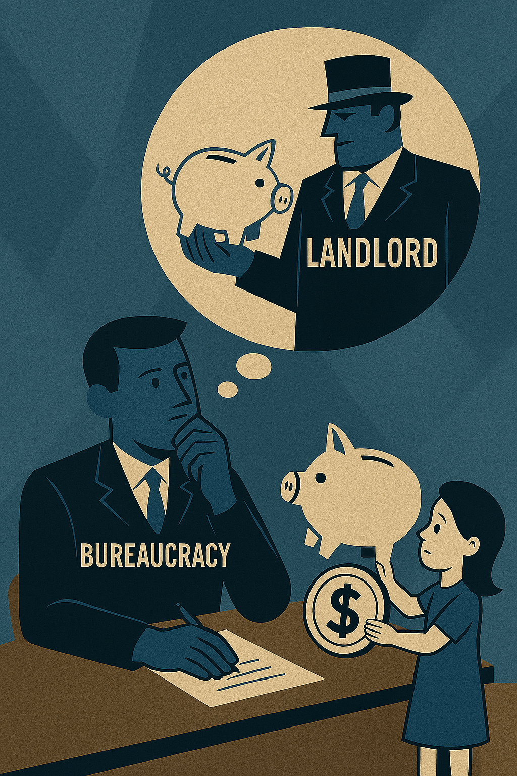 A faceless bureaucrat in a suit labeled “BUREAUCRACY” sits at a desk, lost in thought. Above him, a bubble shows a child handing a piggy bank to a towering landlord in a top hat — a quiet metaphor for policy choices with real-world consequences