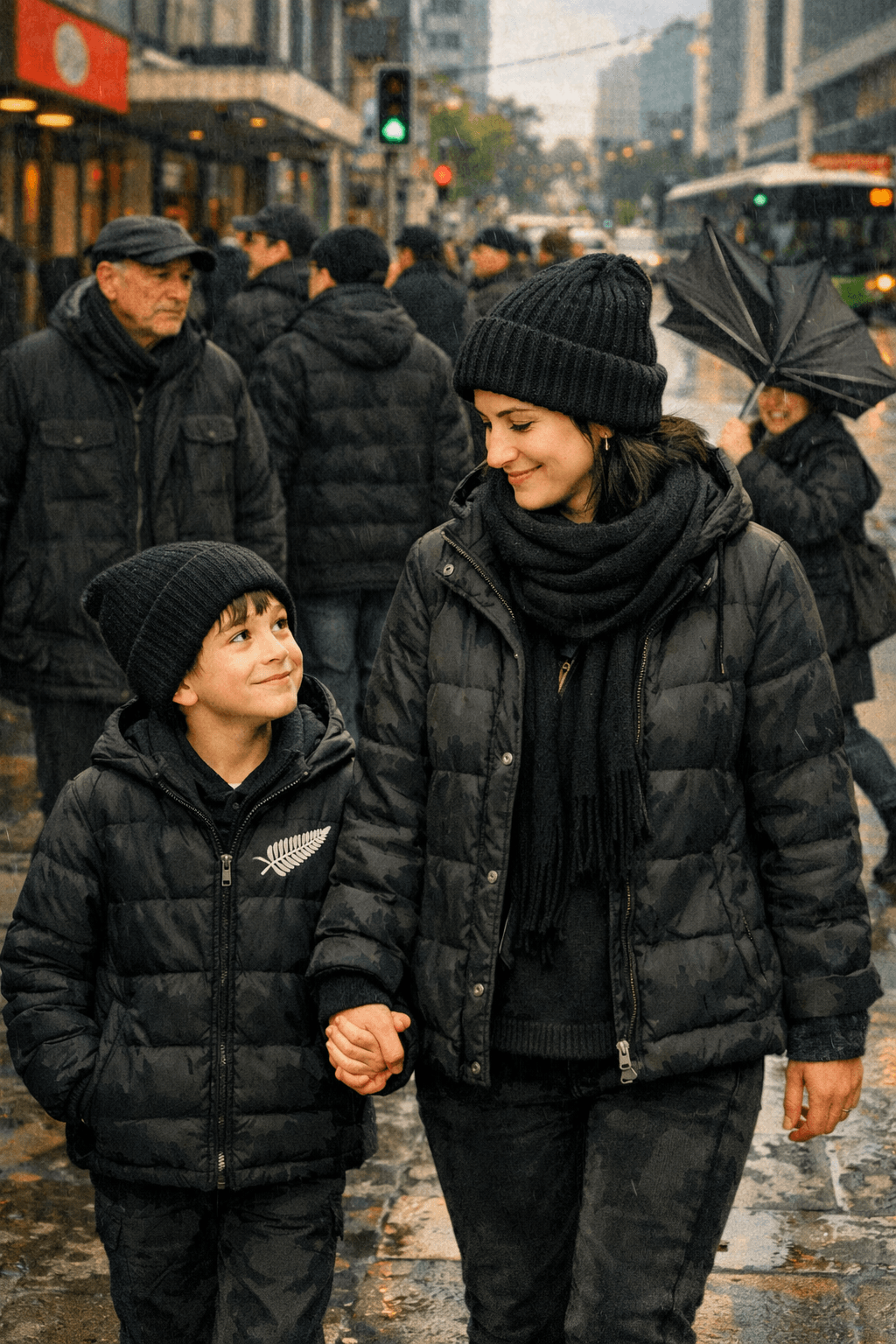 A semi‑realistic illustration of a New Zealand winter street scene. A woman in her mid‑30s wearing a black puffer jacket, beanie, and scarf walks hand‑in‑hand with her 8‑year‑old son, who is dressed in a black jacket featuring a white silver fern emblem. They smile at each other as they walk along a wet city sidewalk surrounded by other people in black winter clothing, with a green traffic light and blurred buildings in the background.