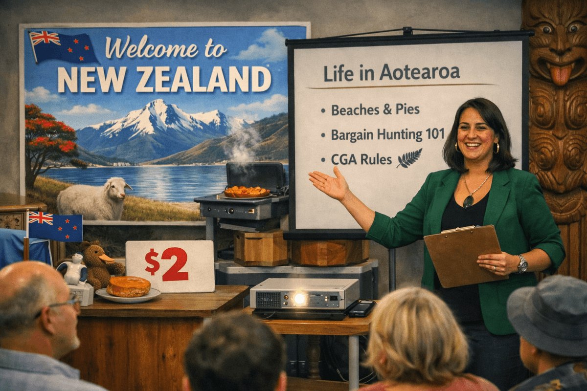 A smiling woman of Māori or Polynesian descent stands beside a large Welcome to New Zealand sign showing mountains, a lake, and a kiwi bird. She gestures toward a projector screen titled Life in Aotearoa with bullet points “Beaches & Pies,” “Bargain Hunting 101,” and “CGA Rules.” In front of her, an audience listens while a table displays a plush kiwi, a meat pie, and a small silver‑fern plant. The scene feels like a friendly orientation for newcomers.