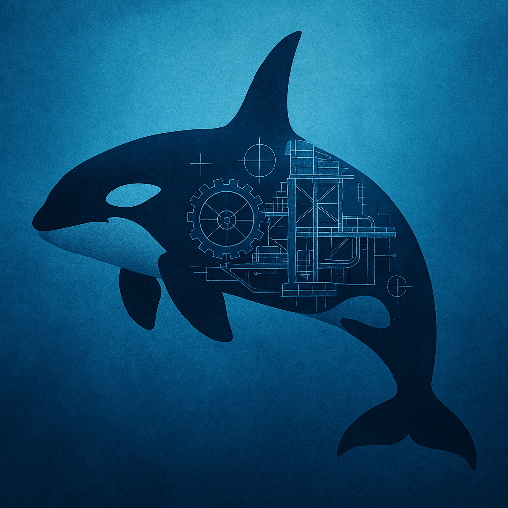 Silhouette of an orca whale filled with white blueprint-style diagrams of gears, pipes, and structural elements, set against a textured blue background. Symbolizes illusion vs structure.