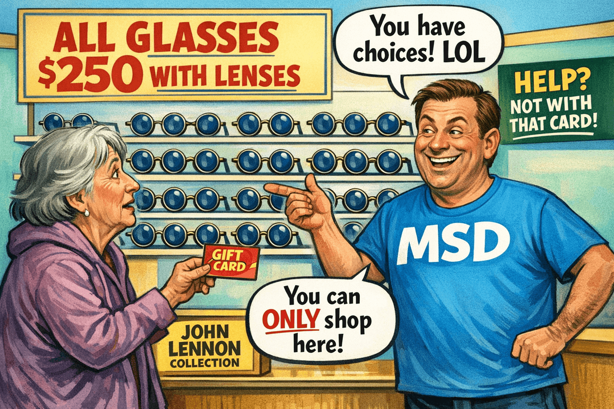 An older woman stands in a bright, cheery glasses shop. She’s just been handed a gift card and looks uncertain. The shop only sells one style of glasses — round, John Lennon-style frames — all priced at $250 with lenses. A mirror sits on a desk nearby. The shop assistant smiles, and a sign on the wall reads, “Budget Options Available (From Approved Suppliers Only).”