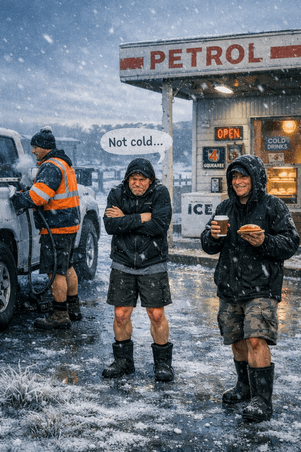 A semi‑realistic illustration of an old rural petrol station on a freezing mid‑winter morning. Frost coats the ground and light snow drifts through the air. A tradie in hi‑vis and shorts fills his ute, breath steaming in the cold. Beside him, a man in a hoodie and shorts shivers with red knees while insisting “Not cold.” Another man exits the shop wearing shorts and gumboots, happily holding a hot pie and coffee. The vintage petrol station glows warmly against the icy blue, silver‑toned landscape.