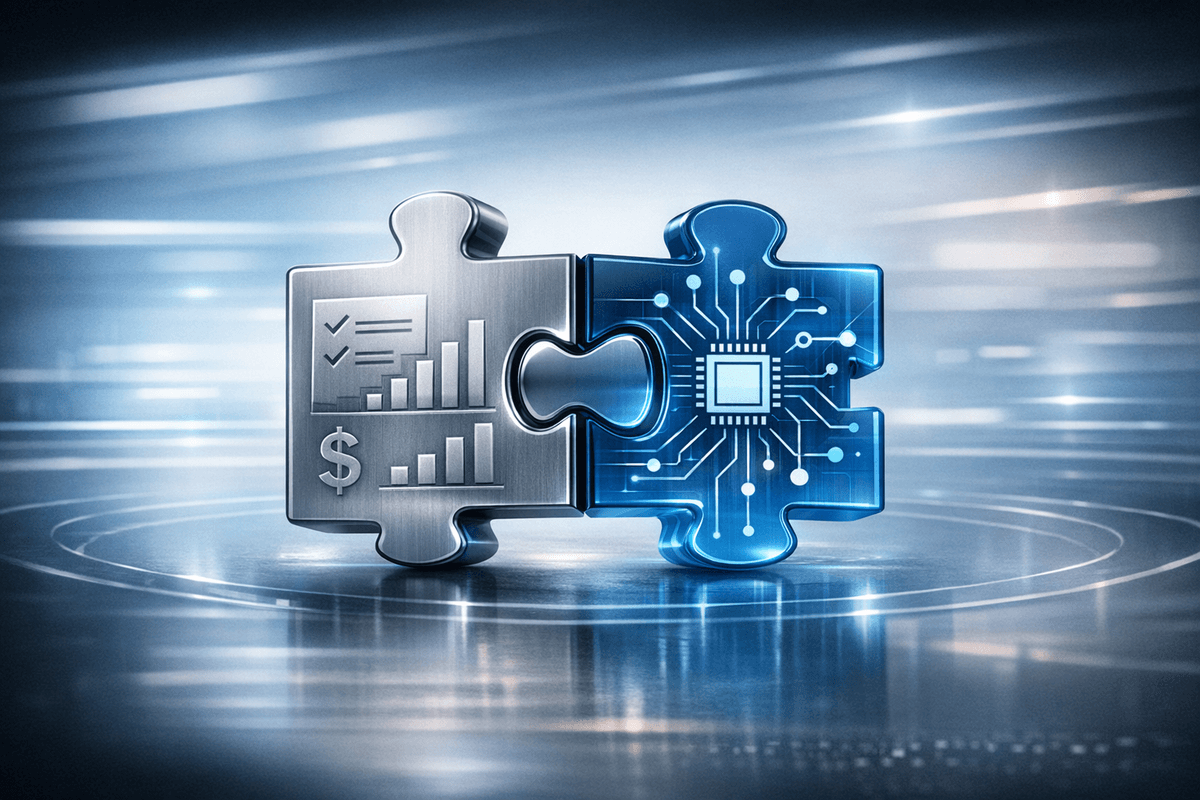 Two interlocking puzzle pieces float above a glowing surface. The silver piece represents procurement, with icons like a checklist and dollar sign. The translucent blue piece represents technology, with circuit lines and a microchip. The background is dark and futuristic with light streaks