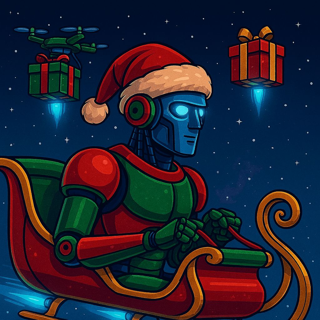 A robot Santa in a red and green sleigh flies through space while two hovering drones deliver wrapped presents. The drones glow with blue thrusters and carry gifts with festive ribbons. The robot wears a Santa hat and steers the sleigh through a starry sky filled with snowflakes.