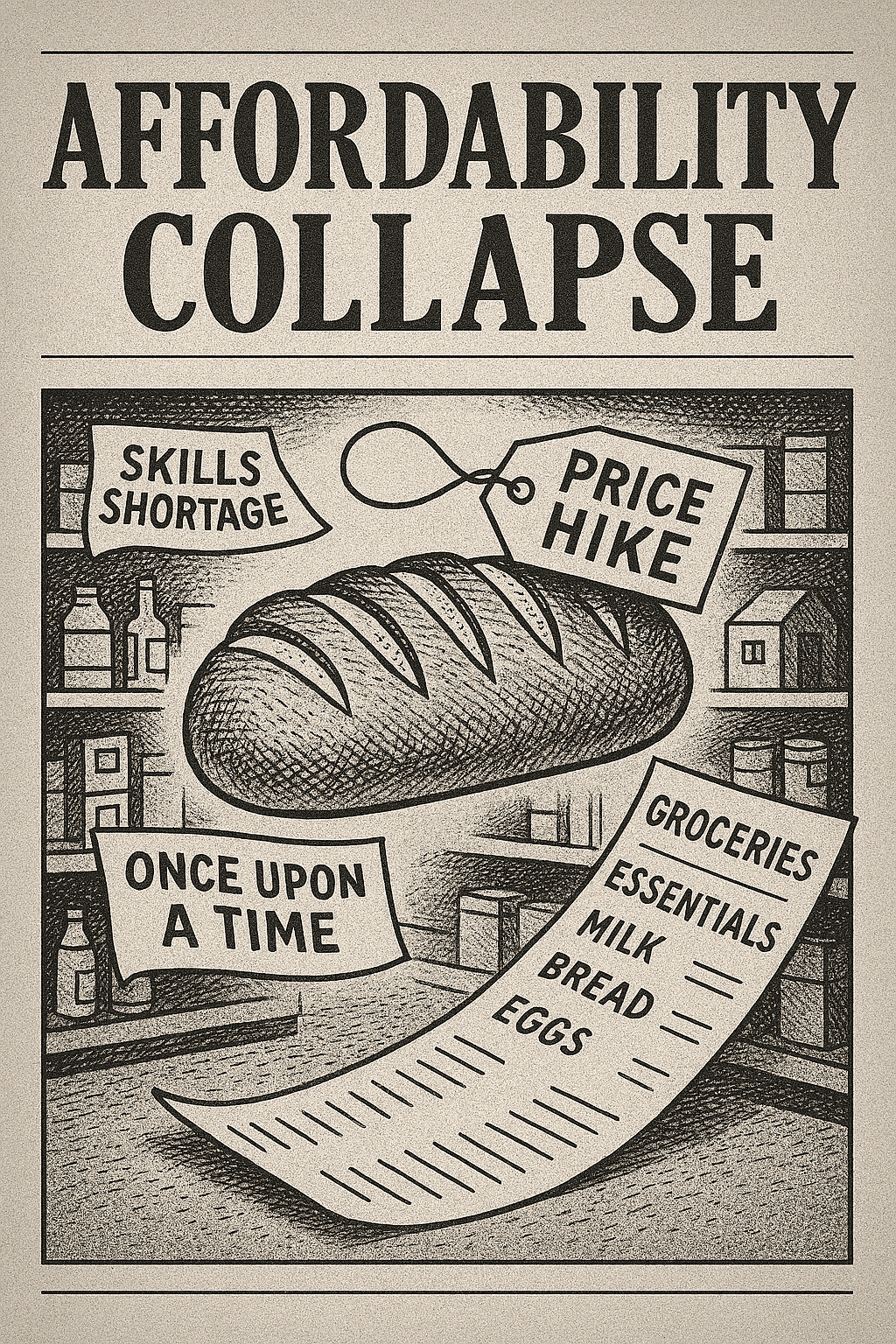 Monochrome editorial illustration of a loaf of bread with a rising price tag labeled “price hike,” surrounded by grocery shelves and a curling receipt listing essentials like milk, bread, and eggs. Bold captions include “skills shortage” and “once upon a time,” satirically framing the collapse of affordability in a newspaper-style layout.
