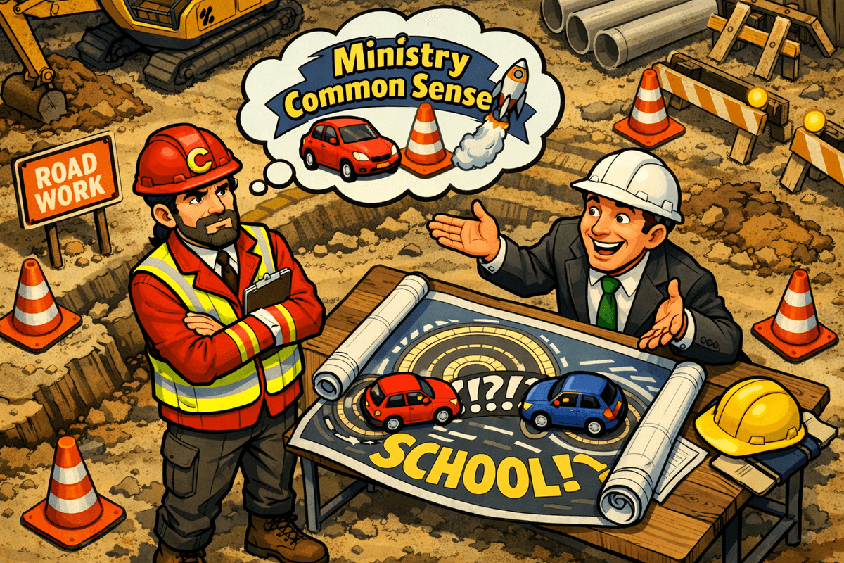 A satirical cartoon illustration of Captain Obvious standing at a construction site beside an over‑eager salesman. Captain Obvious wears a red uniform, reflective vest, and hard hat with a gold “C,” arms crossed and unimpressed as he looks down at a blueprint showing a convoluted road layout. The salesman, wearing a white hard hat and green tie, leans over the table grinning and gesturing toward the plans. Above Captain Obvious floats a thought bubble reading “Ministry of Common Sense,” containing a red car, an orange traffic cone, and a small rocket ship. Around them are piles of dirt, orange cones, a yellow excavator, and a “ROAD WORK” sign, creating a humorous scene of bureaucratic optimism meeting practical absurdity.