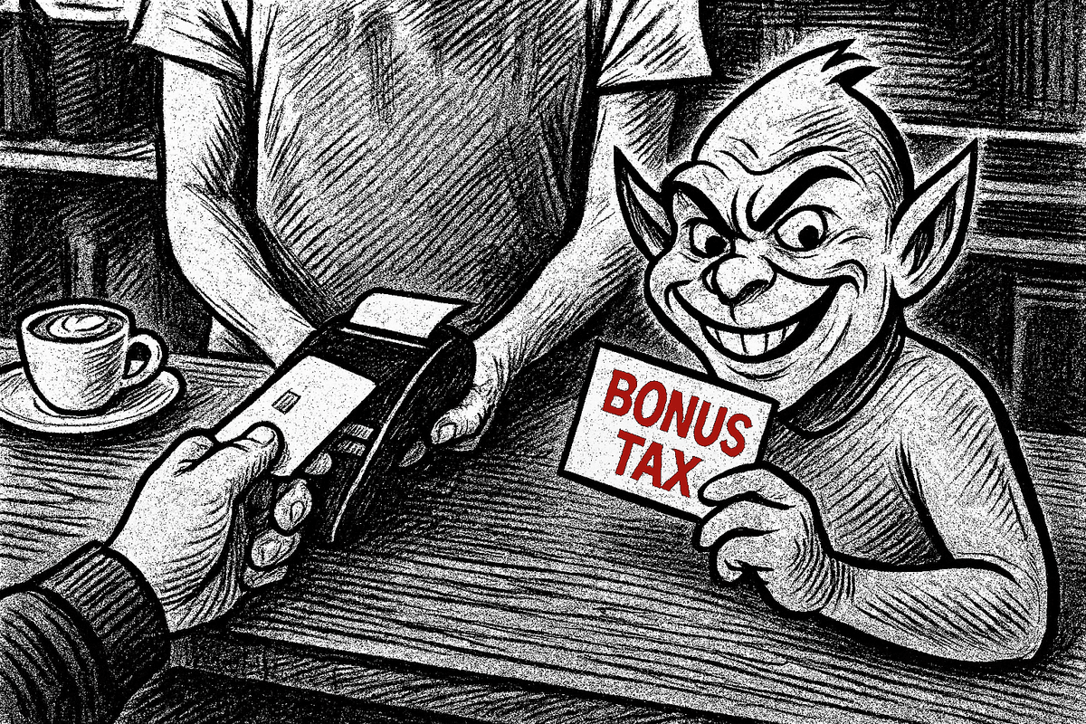 Sketch shows a customer paying for a coffee at a PayWave terminal, with a mischievous green holiday trickster grinning beside them and picking up a paper labeled “BONUS TAX” like it’s a money note.