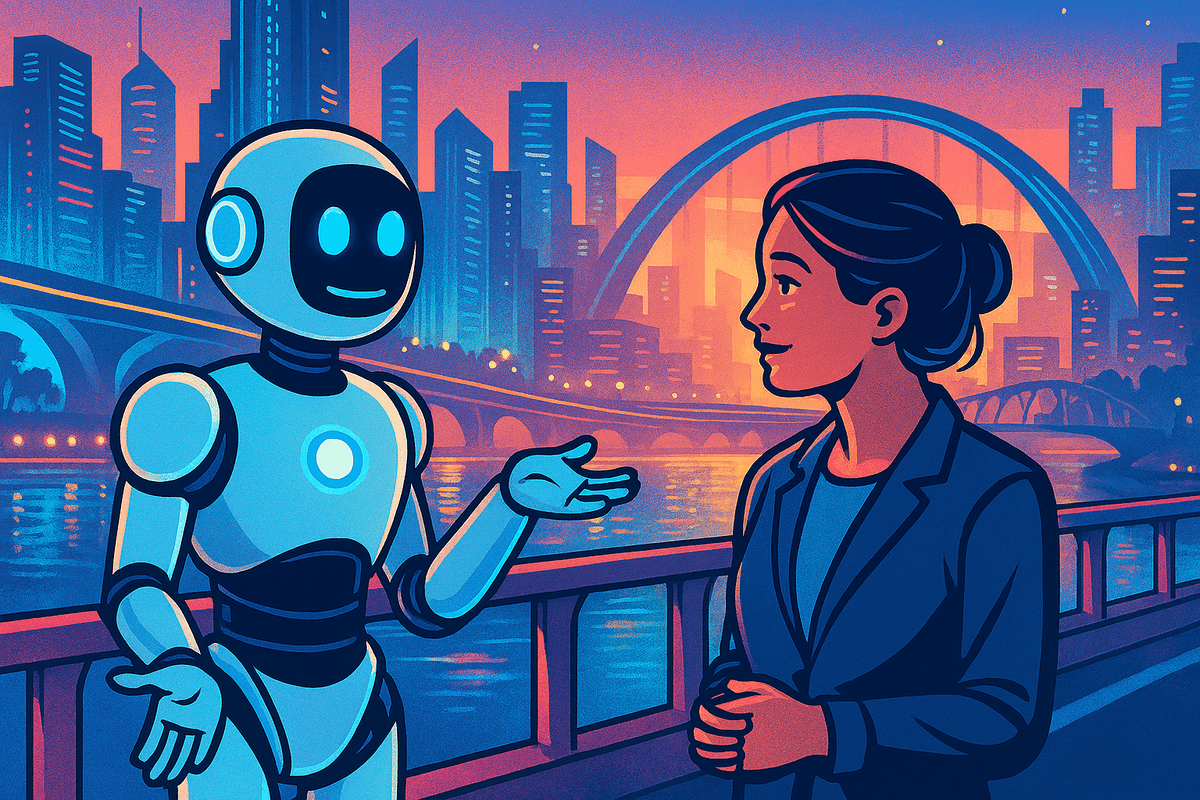 A humanoid chatbot and a human woman stand face-to-face on a glowing futuristic bridge. The chatbot has a sleek white-and-blue design with expressive LED eyes and a calm, open posture. The woman, dressed in a dark blazer with her hair in a bun, gestures with one hand while listening. Behind them, a neon-lit cityscape glows in shades of blue, purple, and orange, with elevated highways weaving through skyscrapers. The scene evokes clarity, resolution, and trust in digital service design.