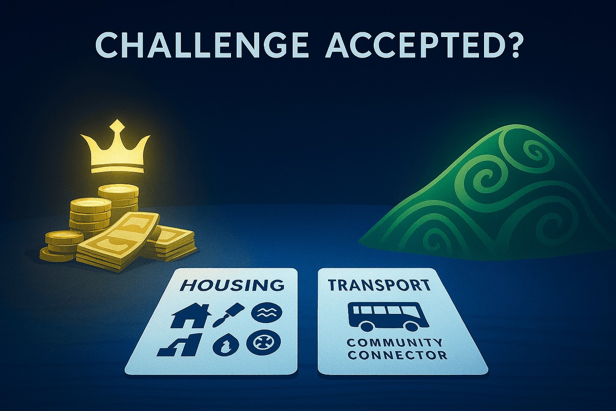A symbolic arena-style illustration titled “Challenge accepted?” shows two opposing forces facing off. On the left, a glowing golden crown sits atop a pile of coins and banknotes, representing the Crown’s financial power. On the right, a stylized green hill with swirling koru patterns represents Māori land and legacy. In the center, two upright cards are laid on the arena floor: one labeled “Housing” with icons for build, services, earthworks, and heatpump; the other labeled “Transport” with a bus icon and the words “Community Connector.” The scene is lit dramatically, with gold and green glows on each side and a spotlight on the challenge cards.