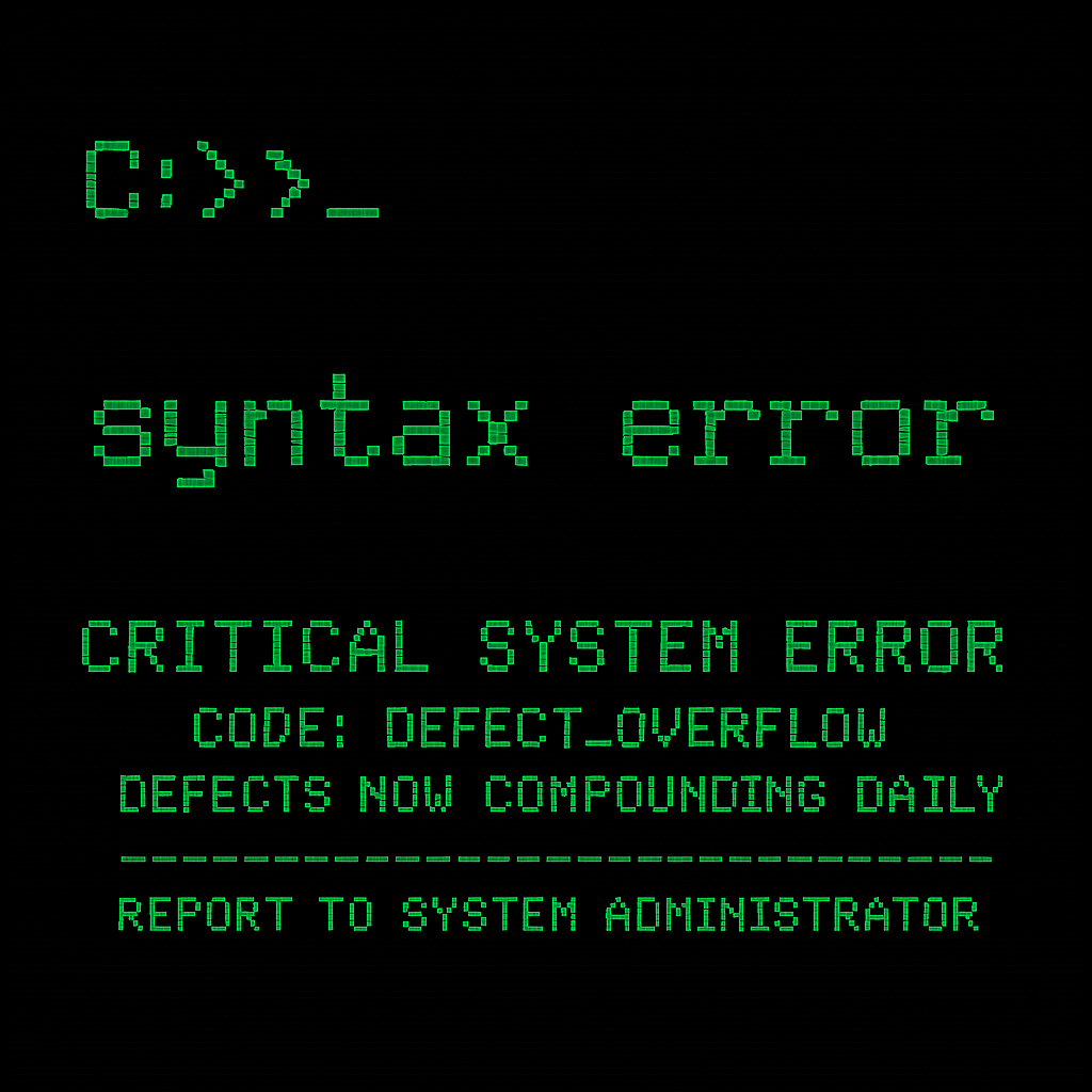 A retro, black‑and‑green computer error screen displays a simulated system failure. The text reads “syntax error,” followed by “CRITICAL SYSTEM ERROR — CODE: DEFECT_OVERFLOW — DEFECTS NOW COMPOUNDING DAILY — REPORT TO SYSTEM ADMINISTRATOR.” The layout mimics an old DOS‑style interface.