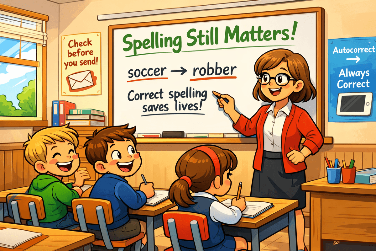 A cheerful classroom scene in cartoon style. A smiling teacher in a red cardigan points to a whiteboard that says “Spelling Still Matters!” and “soccer → robber — Correct spelling saves lives!” Three students sit at desks laughing and writing. Posters on the wall read “Check before you send!” and “Autocorrect ≠ Always Correct.” Sunlight streams through the window.