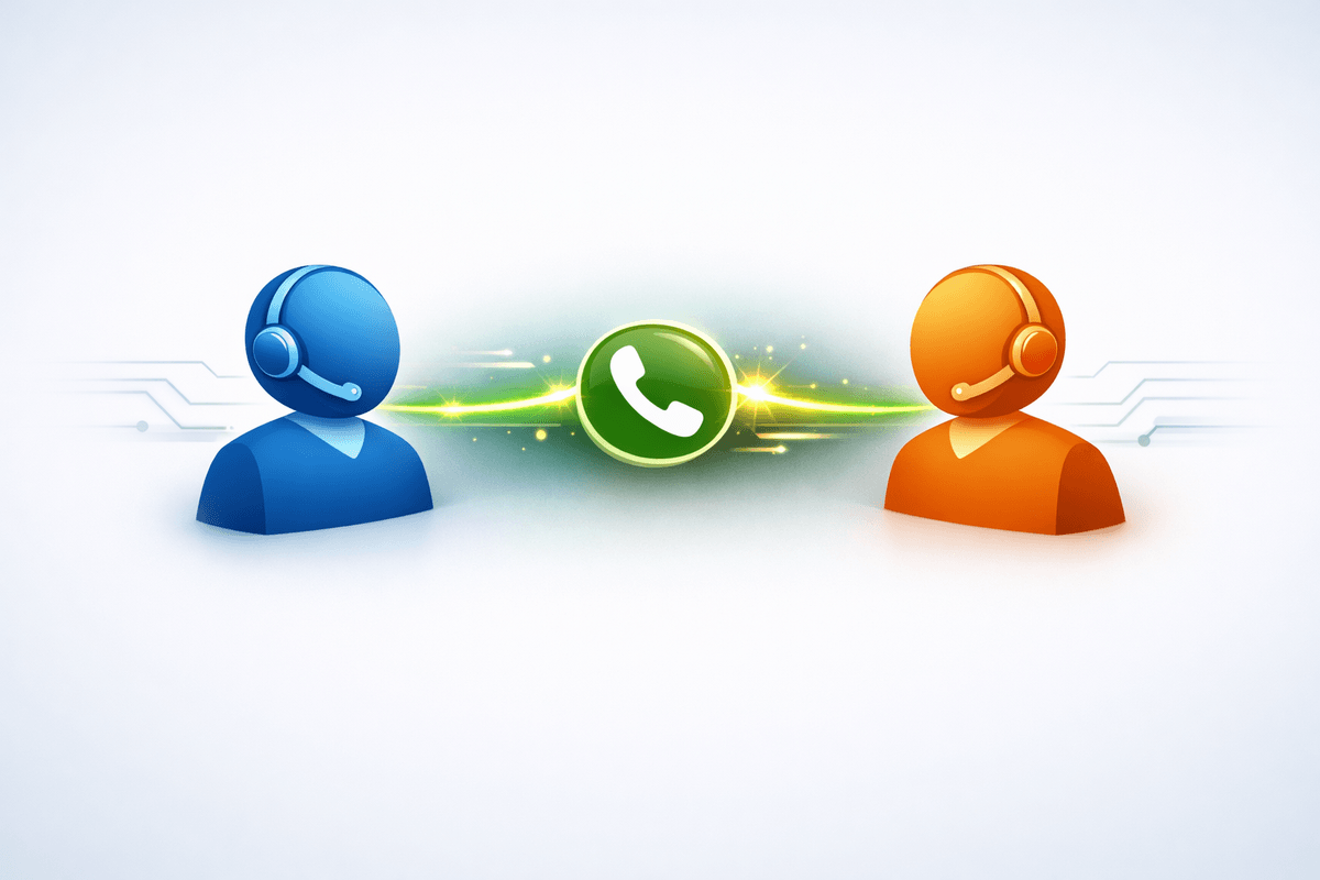 Modern illustration of two stylized figures, one blue and one orange, connected by a glowing green communication line with a phone icon in the center, representing quick direct calls replacing formal Agile rituals.