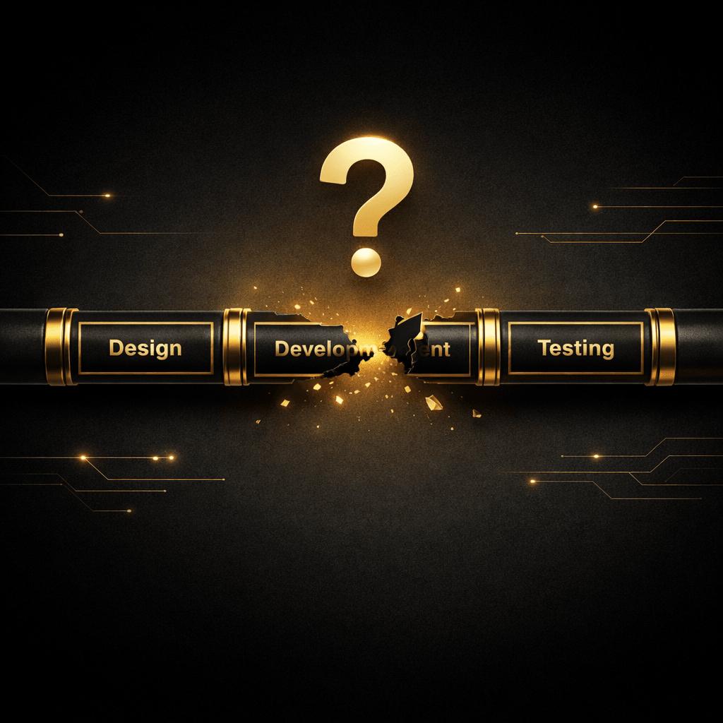 Conceptual black and gold illustration showing a broken pipeline labeled Design, Development, and Testing, with a glowing golden question mark hovering above the shattered connection to symbolize Agile’s missing feedback loop