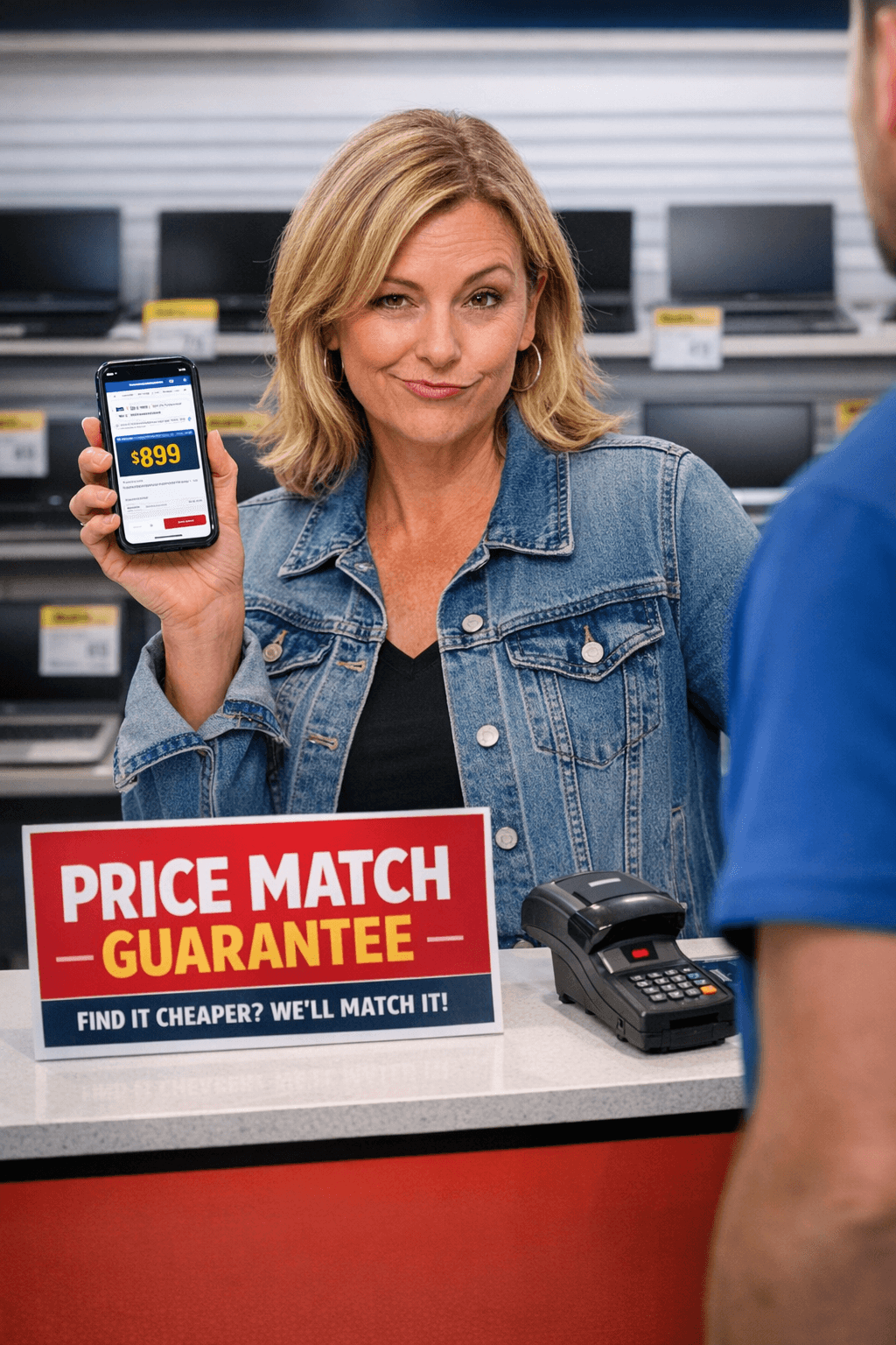 A shopper proudly holds up a phone showing multiple price‑comparison tabs while a store clerk nods approvingly. A glowing “Price Match Guarantee” sign hangs behind them, and the phone screen shines like a badge of honour.