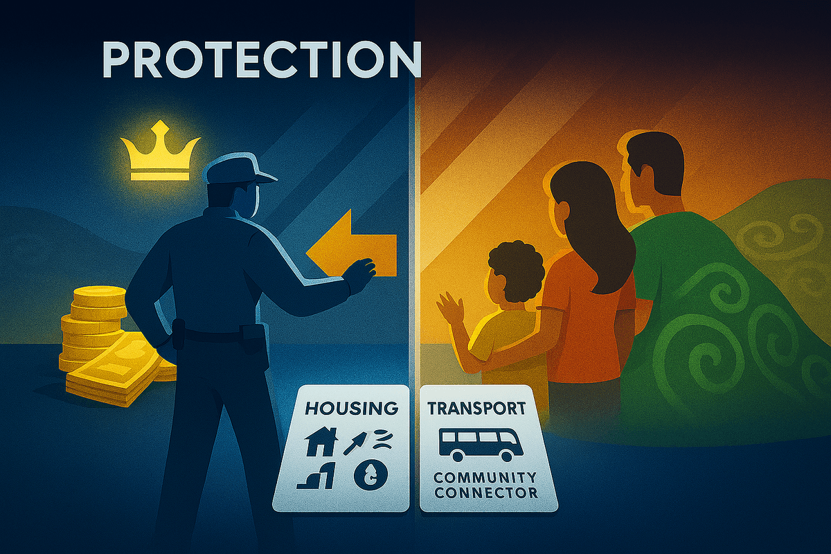 Split-screen illustration under the theme 'PROTECTION': Left side shows a stern police officer pointing right, backed by gold coins and a crown symbol against a dark blue backdrop—evoking institutional authority and wealth. Right side features a hopeful family of four gazing toward warm light, framed by an orange background—suggesting safety and community care. At the bottom, two labeled tiles read 'HOUSING' with icons of a house, clock, and person, and 'TRANSPORT' with a bus icon and the phrase 'COMMUNITY CONNECTOR'—highlighting civic support systems.
