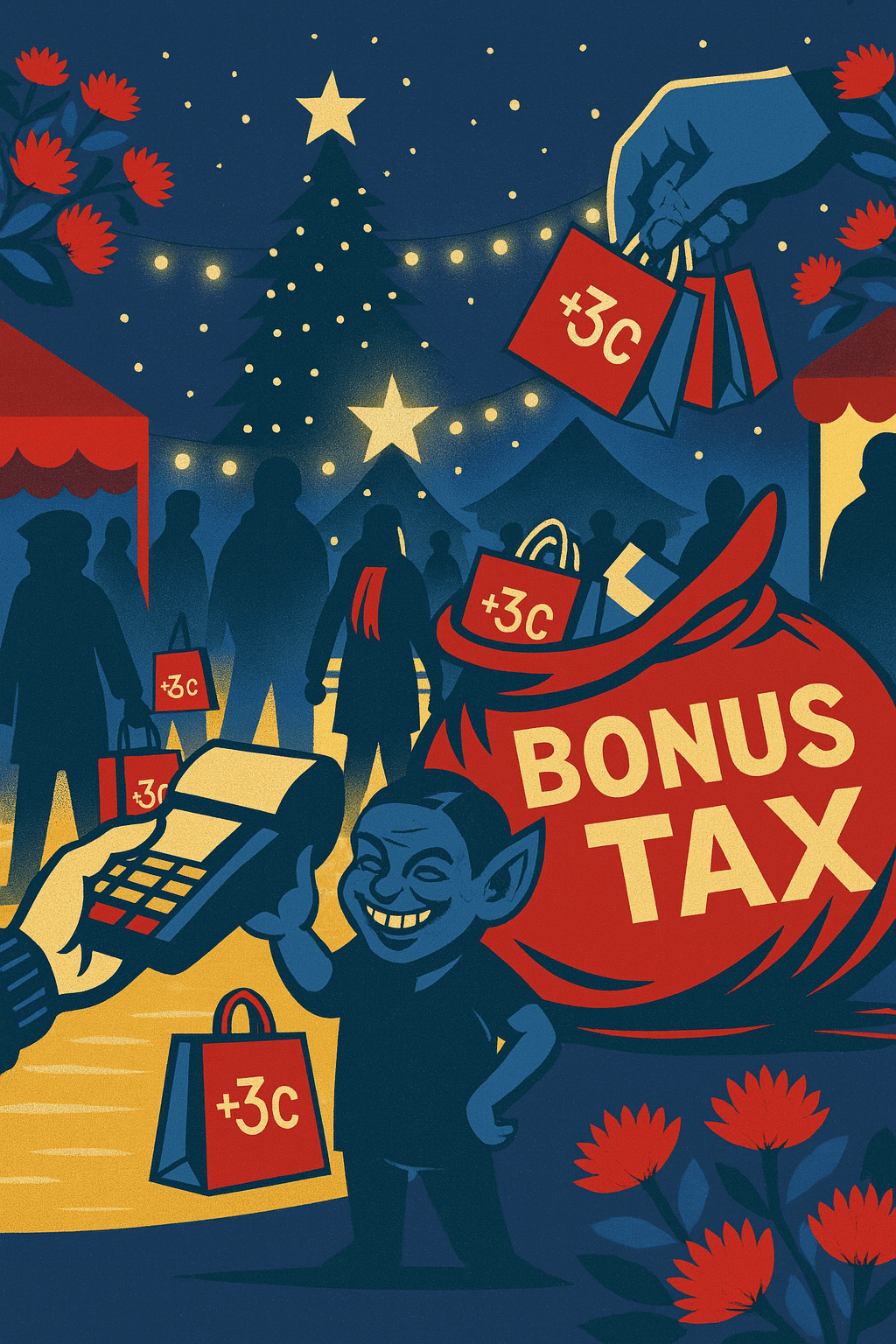 A festive night market scene with glowing string lights, pohutukawa trees, and a Christmas tree. Shoppers carry red "+3c" bags. A grinning elf holds a card terminal while a large hand drops bags into a sack labeled "BONUS TAX." The image critiques hidden holiday surcharges.