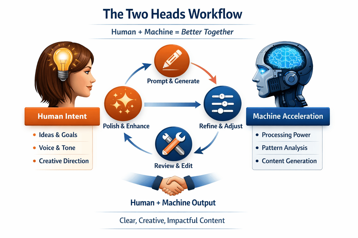 A flowchart titled “The Two Heads Workflow” shows collaboration between a human and a machine. On the left, a woman’s head with a glowing lightbulb represents Human Intent — ideas, voice, and creative direction. On the right, a robot head with a glowing blue brain represents Machine Acceleration — processing power, pattern analysis, and content generation. Between them, four circular icons form a loop labeled Prompt & Generate, Refine & Adjust, Review & Edit, and Polish & Enhance. At the bottom, a handshake icon symbolizes Human + Machine Output with the caption “Clear, Creative, Impactful Content.”