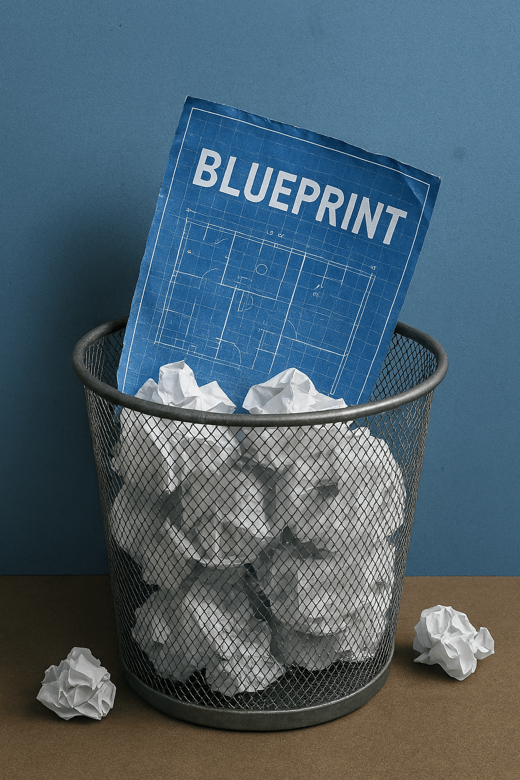 A crumpled blueprint labeled “BLUEPRINT” sits discarded in a wire-mesh trash bin, surrounded by balled-up paper. The bin rests against a textured blue wall, evoking abandoned plans and institutional indifference.