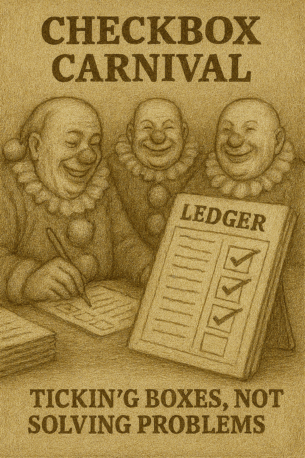 Three identical clowns sit behind a striped booth labeled “Checkbox Carnival.” Each clown has a bald head, exaggerated smile, and ruffled collar. One clown marks checkboxes on a form, while the others grin mindlessly. A large ledger beside them displays ticked boxes. The caption below reads “Ticking boxes, not solving problems.” The illustration is rendered in sepia tones with vintage-style shading, evoking a satirical cartoon.