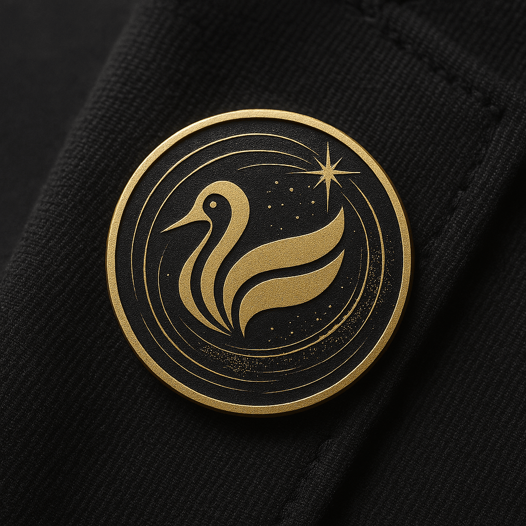 Circular gold lapel pin featuring a stylized golden goose emblem on a matte black background, pinned to dark textured fabric. The design includes swirling arcs and a starburst, evoking elegance, civic pride, and visionary alignment.