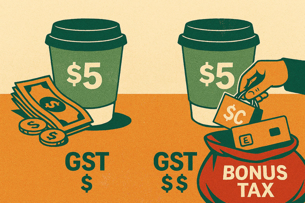 Retro-style visual comparing cash and card payments for coffee. Each $5 cup sits beside its payment method: coins and notes on one side, a card on the other. The GST tags show the ripple effect — GST $ for cash, GST $$ for card.