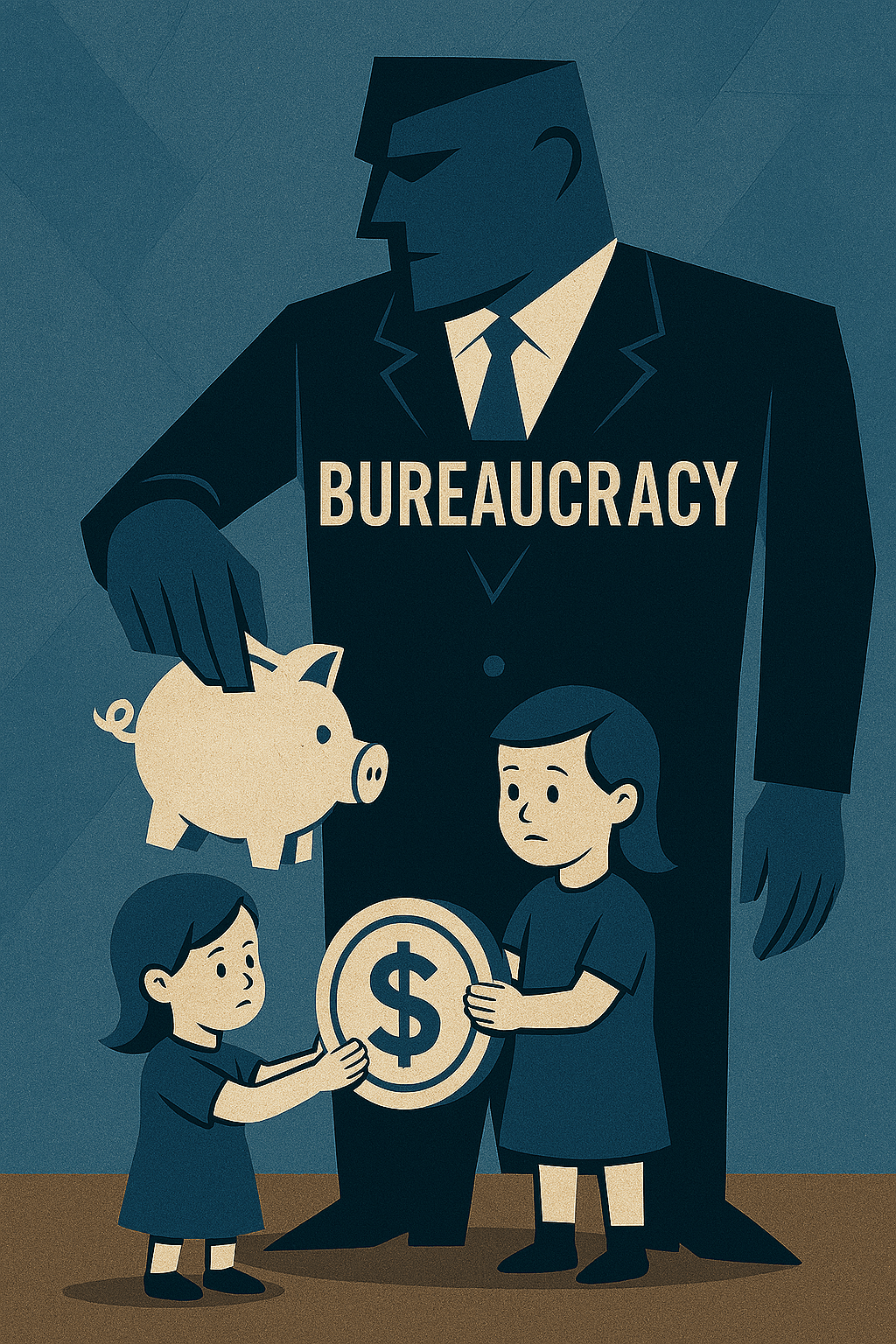 A child hands a piggy bank to a wealthy landlord in a suit and top hat. The landlord looms large, labeled “LANDLORD,” while the child stands small and trusting — a metaphor for economic extraction dressed as normalcy.