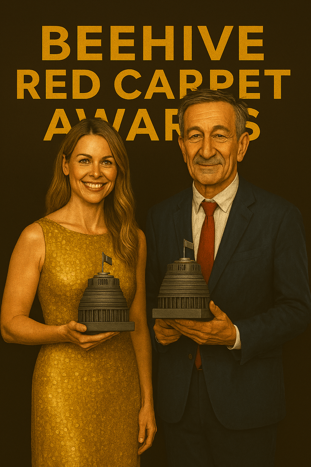 A woman with bronde hair in a shimmering gold gown stands beside a male politician in a slightly wrinkled navy suit. Both are smiling and holding identical Beehive-shaped trophies. Behind them, a dark brown backdrop reads “Beehive Red Carpet Awards” in bold yellow lettering. The woman’s gown sparkles under warm lighting; the man’s red tie adds contrast. Their pose mimics a formal awards ceremony, spotlighting the contrast between glamour and governance.